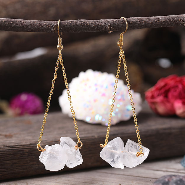 Olivenorma Natural Quartz Gravel Gold Chain Dangle Earrings - image 11