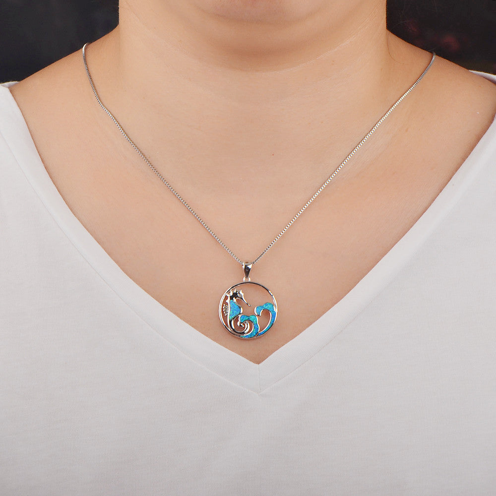 Olivenorma Blue Opal Seahorse Wave Necklace - image 1
