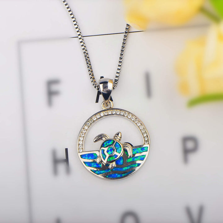 Olivenorma Hawaiian Blue Opal Swimming Turtle Pendant Necklace - image 1