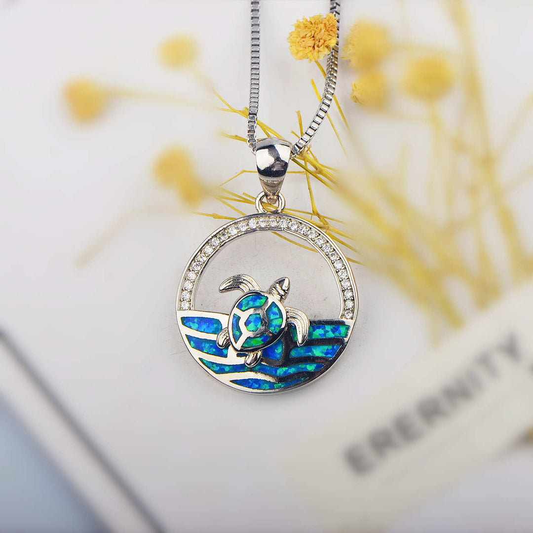 Olivenorma Hawaiian Blue Opal Swimming Turtle Pendant Necklace - image 3
