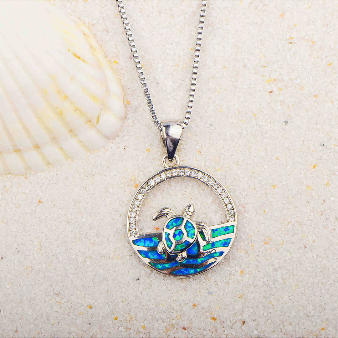 Olivenorma Hawaiian Blue Opal Swimming Turtle Pendant Necklace - Blue Opal&White Zircon - image 0