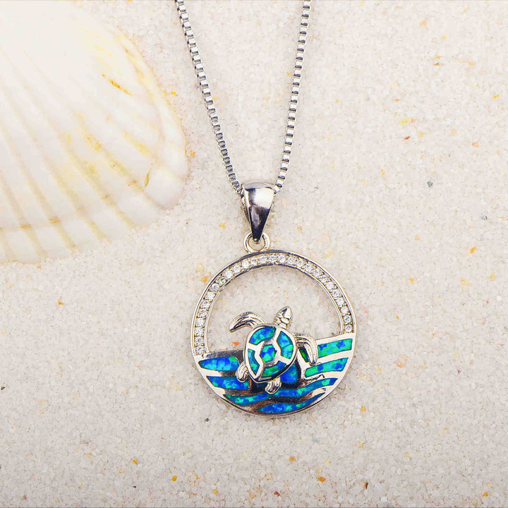 Olivenorma Hawaiian Blue Opal Swimming Turtle Pendant Necklace - Blue Opal&White Zircon - image 0