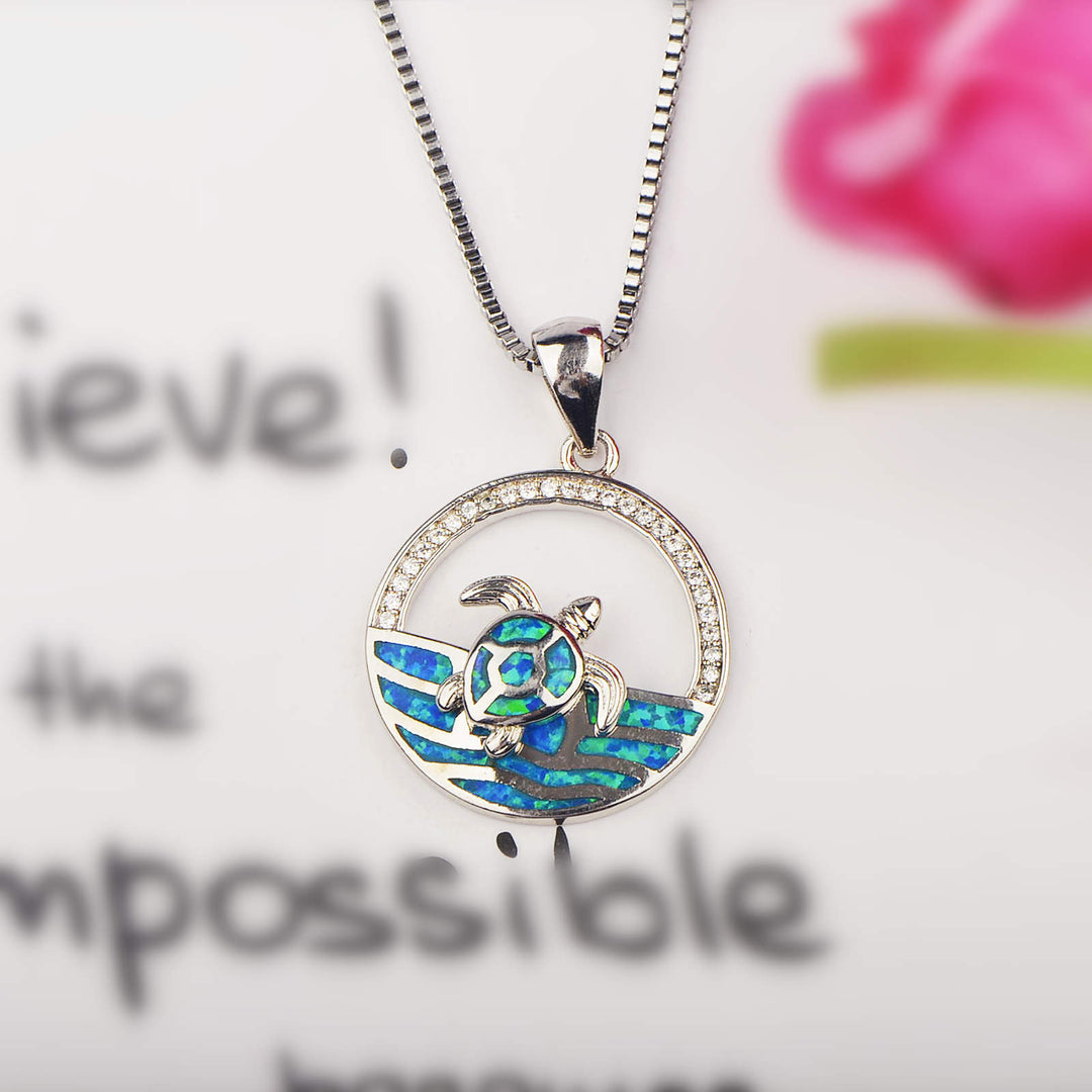Olivenorma Hawaiian Blue Opal Swimming Turtle Pendant Necklace - image 4