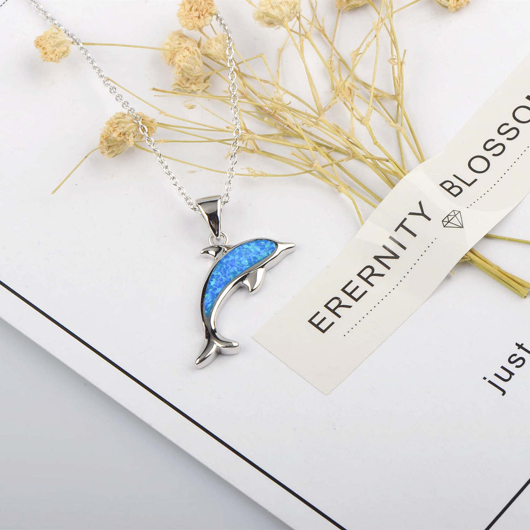 Olivenorma Blue Opal Ocean Dolphin Pendant Necklace - image 3