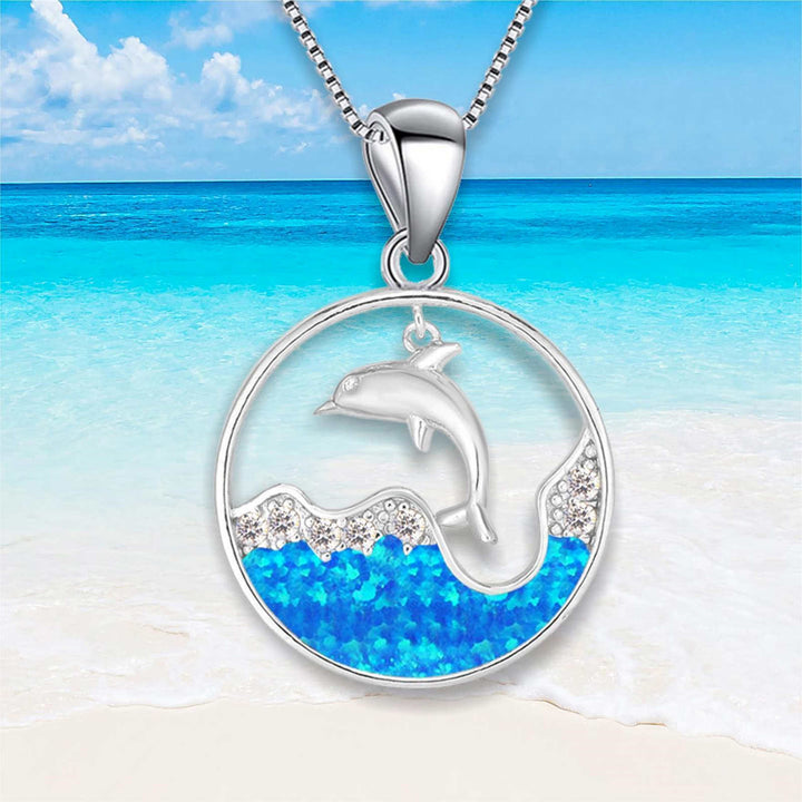 Olivenorma Blue Opal White Zircon Ocean Dolphin Pendant Necklace - image 3