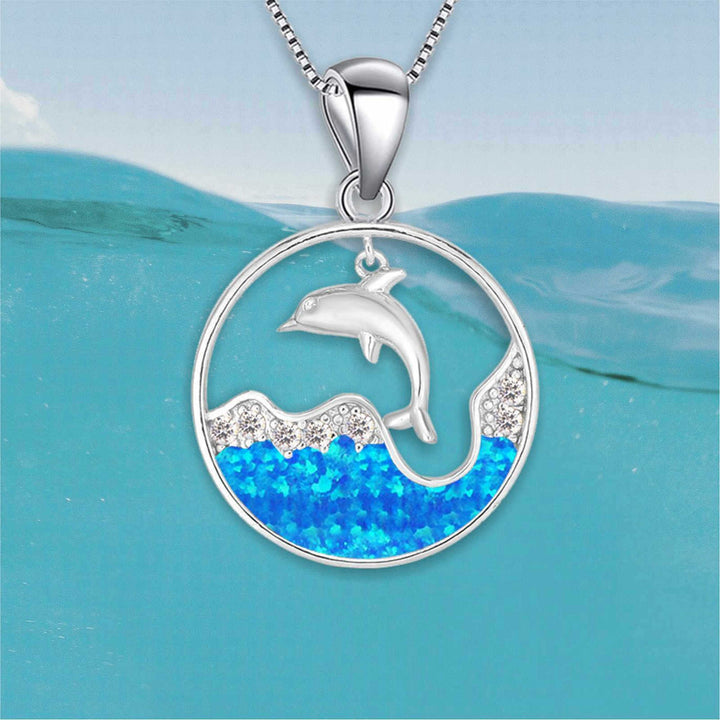 Olivenorma Blue Opal White Zircon Ocean Dolphin Pendant Necklace - image 2