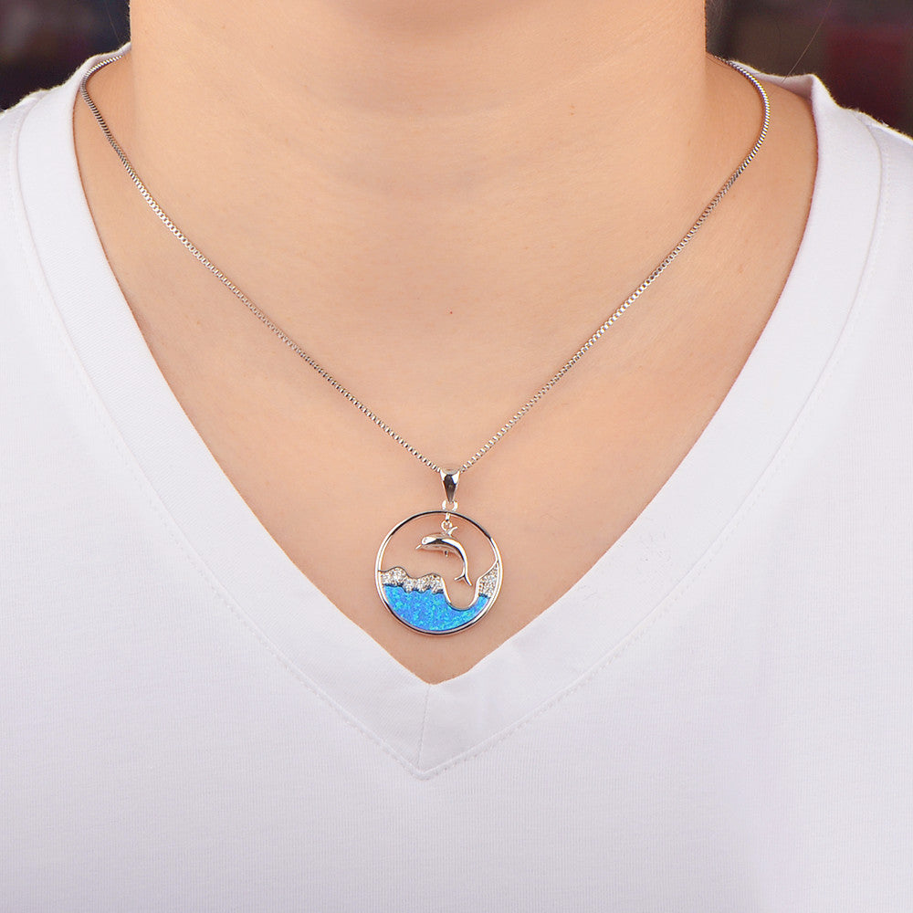 Olivenorma Blue Opal White Zircon Ocean Dolphin Pendant Necklace - image 1