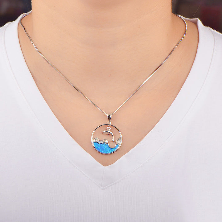 Olivenorma Blue Opal White Zircon Ocean Dolphin Pendant Necklace - image 1