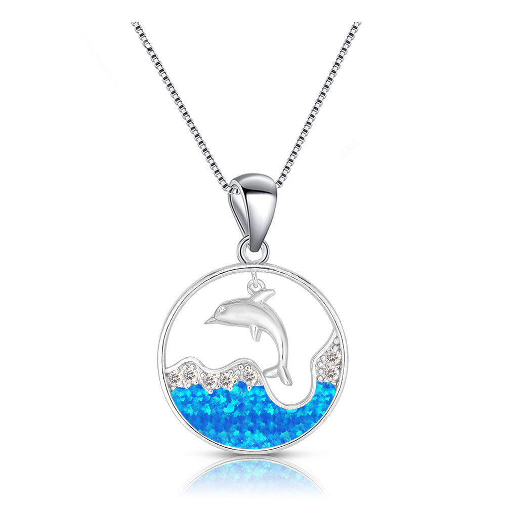 Olivenorma Blue Opal White Zircon Ocean Dolphin Pendant Necklace - Blue Opal&White Zircon - image 0