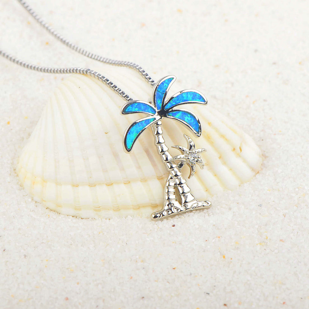 Olivenorma Blue Opal Coconut Tree Pendant Necklace - Blue Opal&White Zircon - image 0