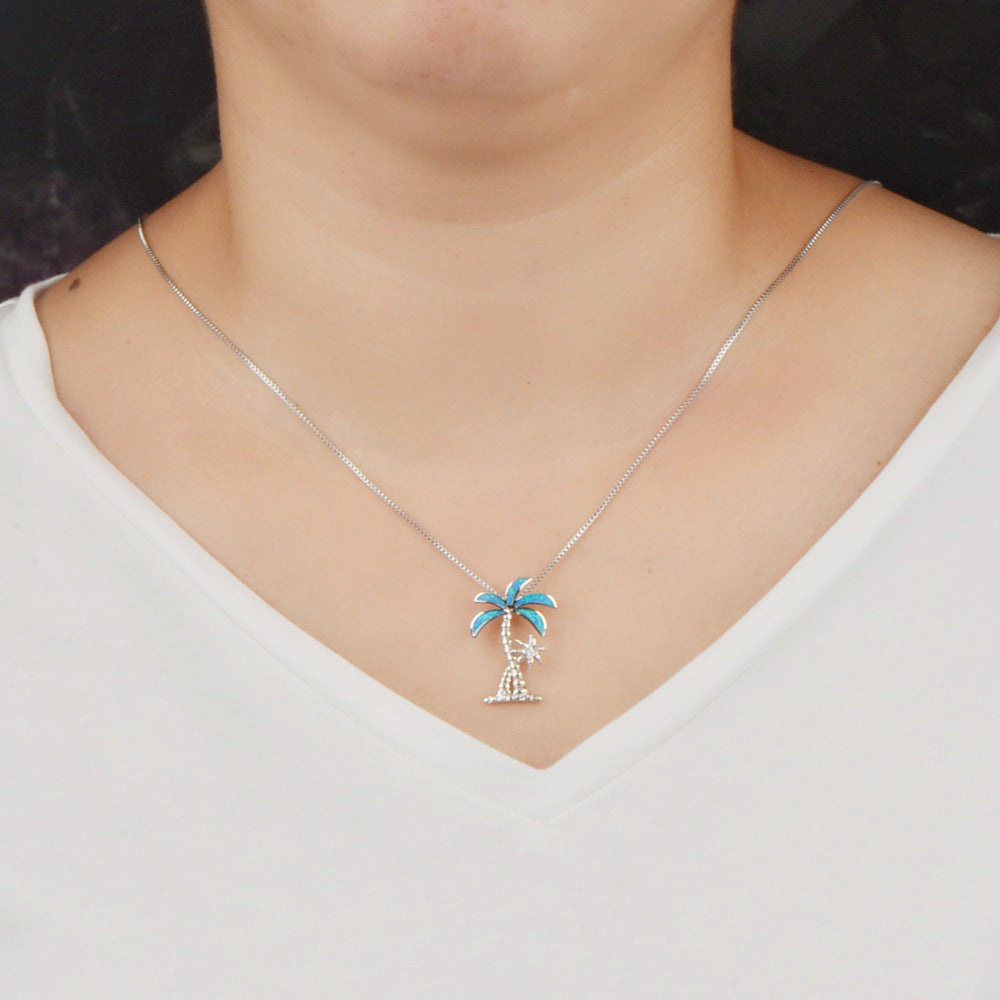 Olivenorma Blue Opal Coconut Tree Pendant Necklace - image 1