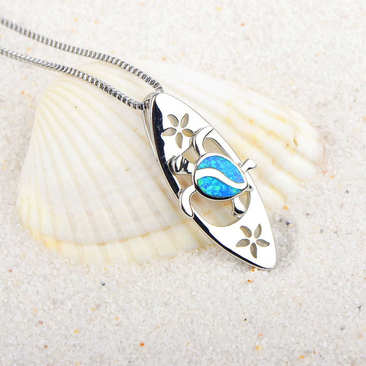 Olivenorma Blue Opal Surfboard Turtle Pendant Necklace - Blue Opal - image 0