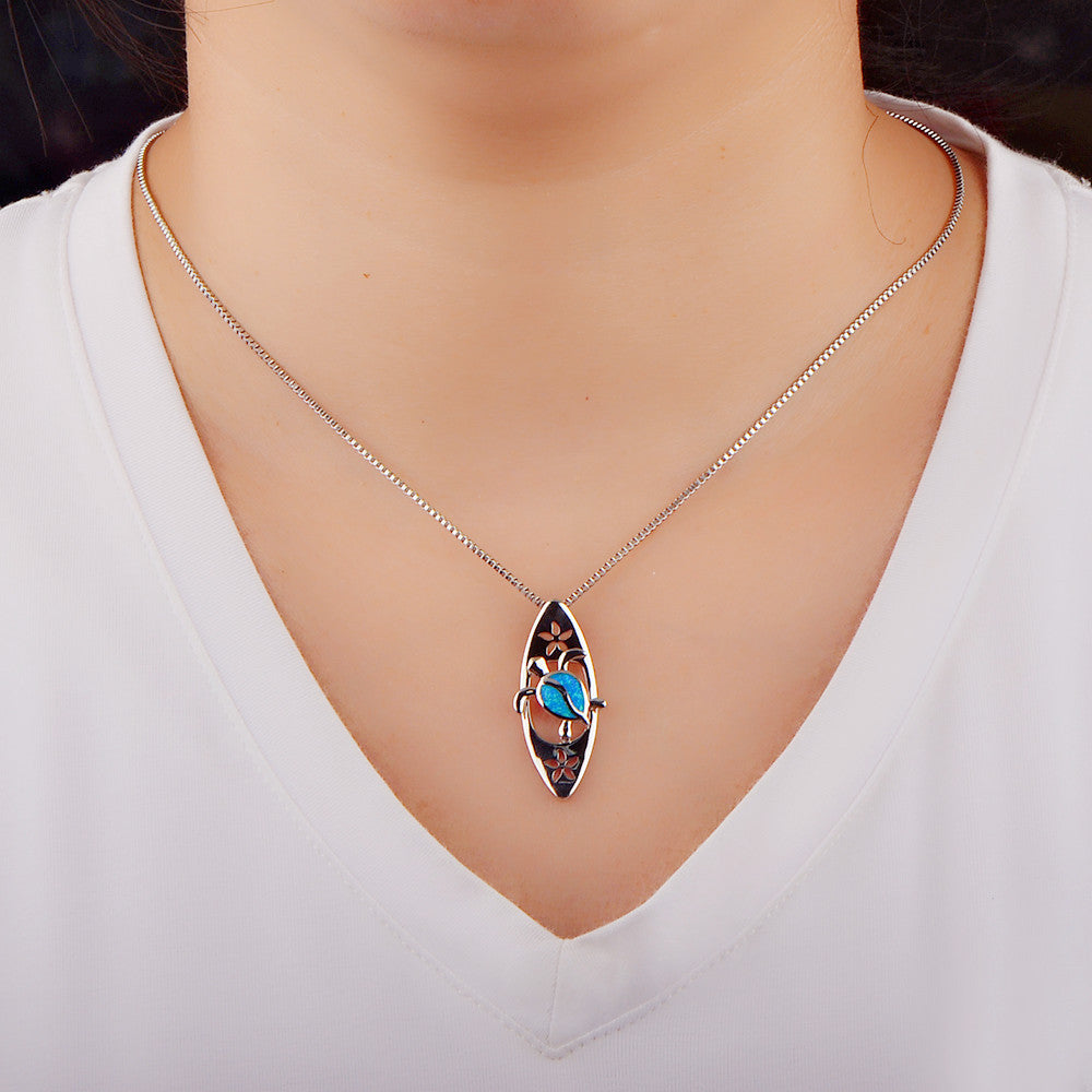 Olivenorma Blue Opal Surfboard Turtle Pendant Necklace - image 1