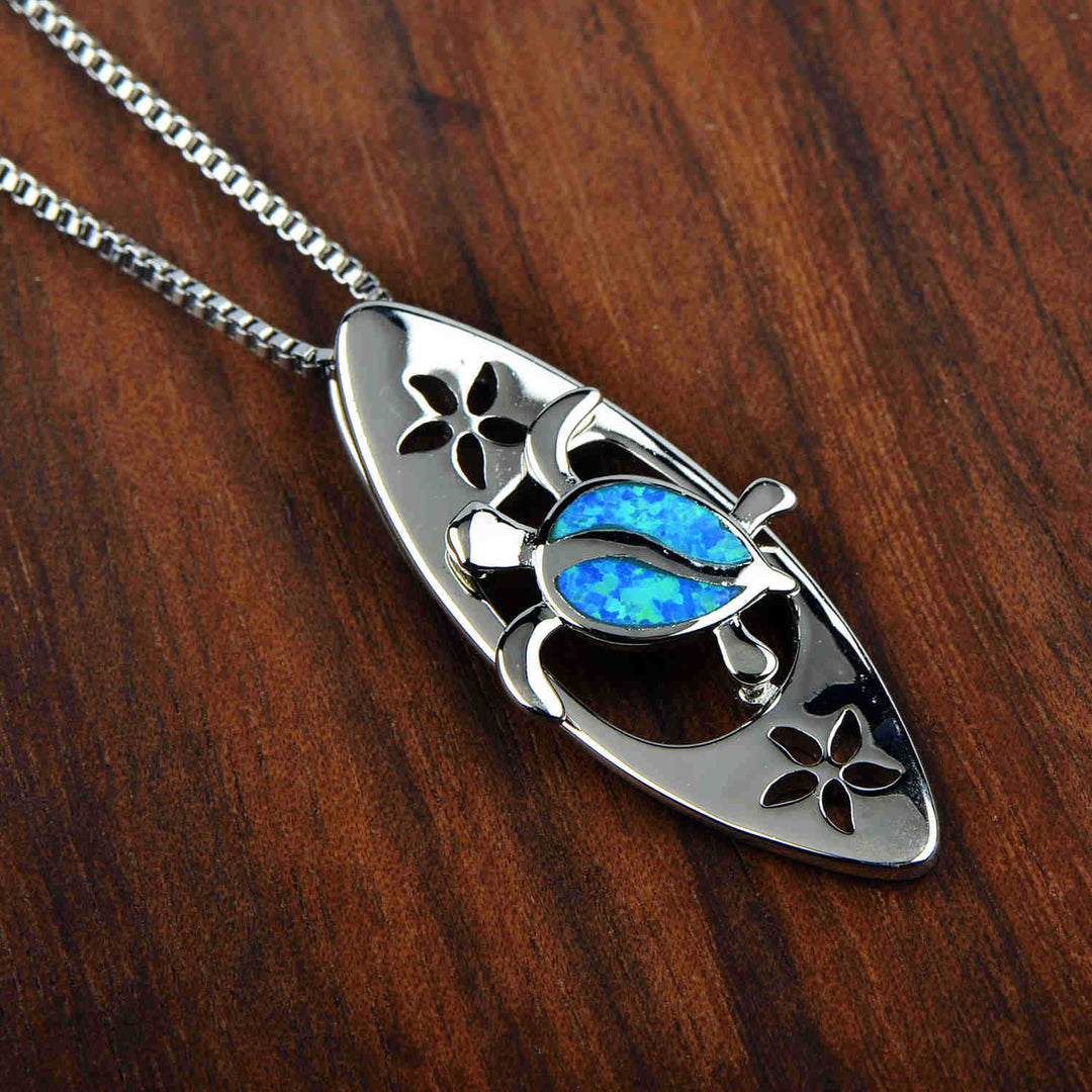Olivenorma Blue Opal Surfboard Turtle Pendant Necklace - image 5