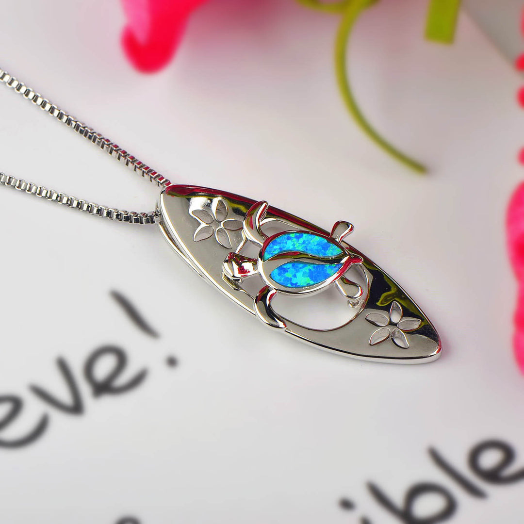 Olivenorma Blue Opal Surfboard Turtle Pendant Necklace - image 2