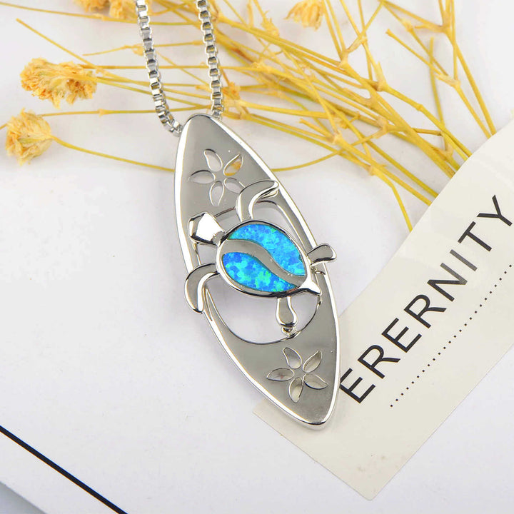 Olivenorma Blue Opal Surfboard Turtle Pendant Necklace - image 4
