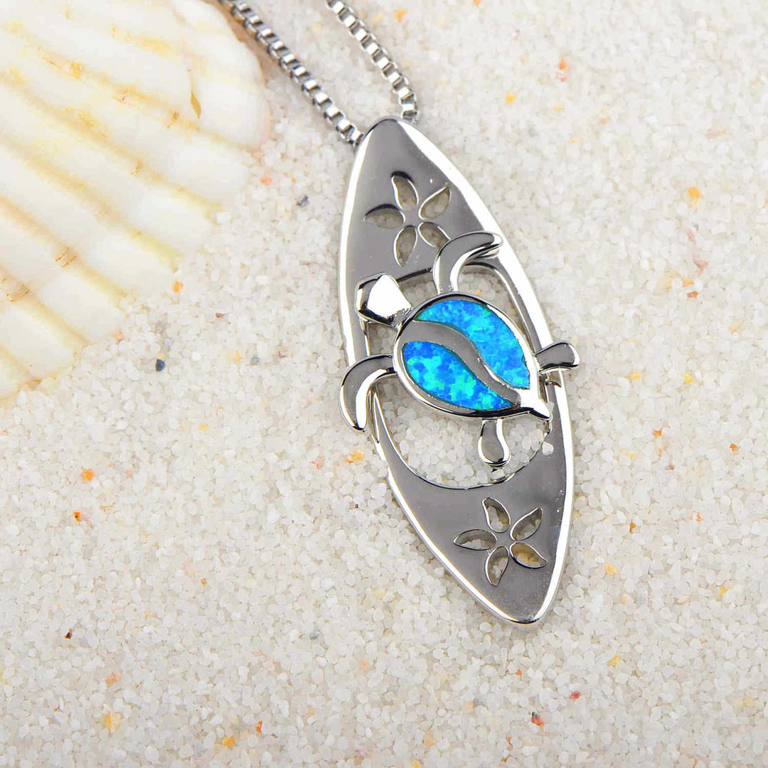 Olivenorma Blue Opal Surfboard Turtle Pendant Necklace - image 6