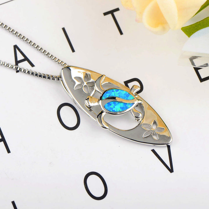 Olivenorma Blue Opal Surfboard Turtle Pendant Necklace - image 3