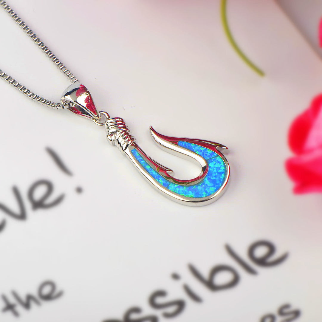 Olivenorma Blue Opal Fishhook Pendant Necklace - image 2