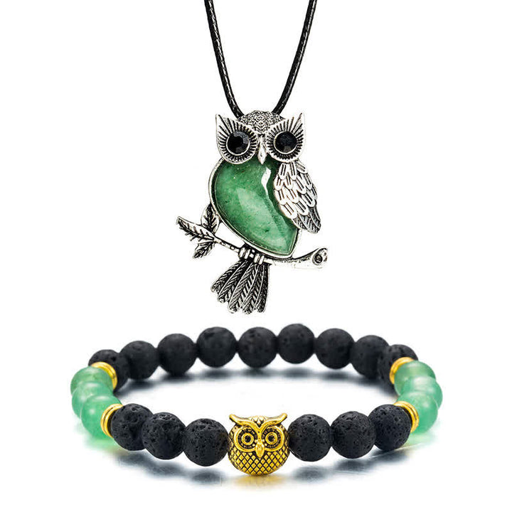 SPIRITUAL ENERGY - Owl Gemstone Necklace with Bracelet Gift Set - Green Aventurine - Leather Chain - image 11
