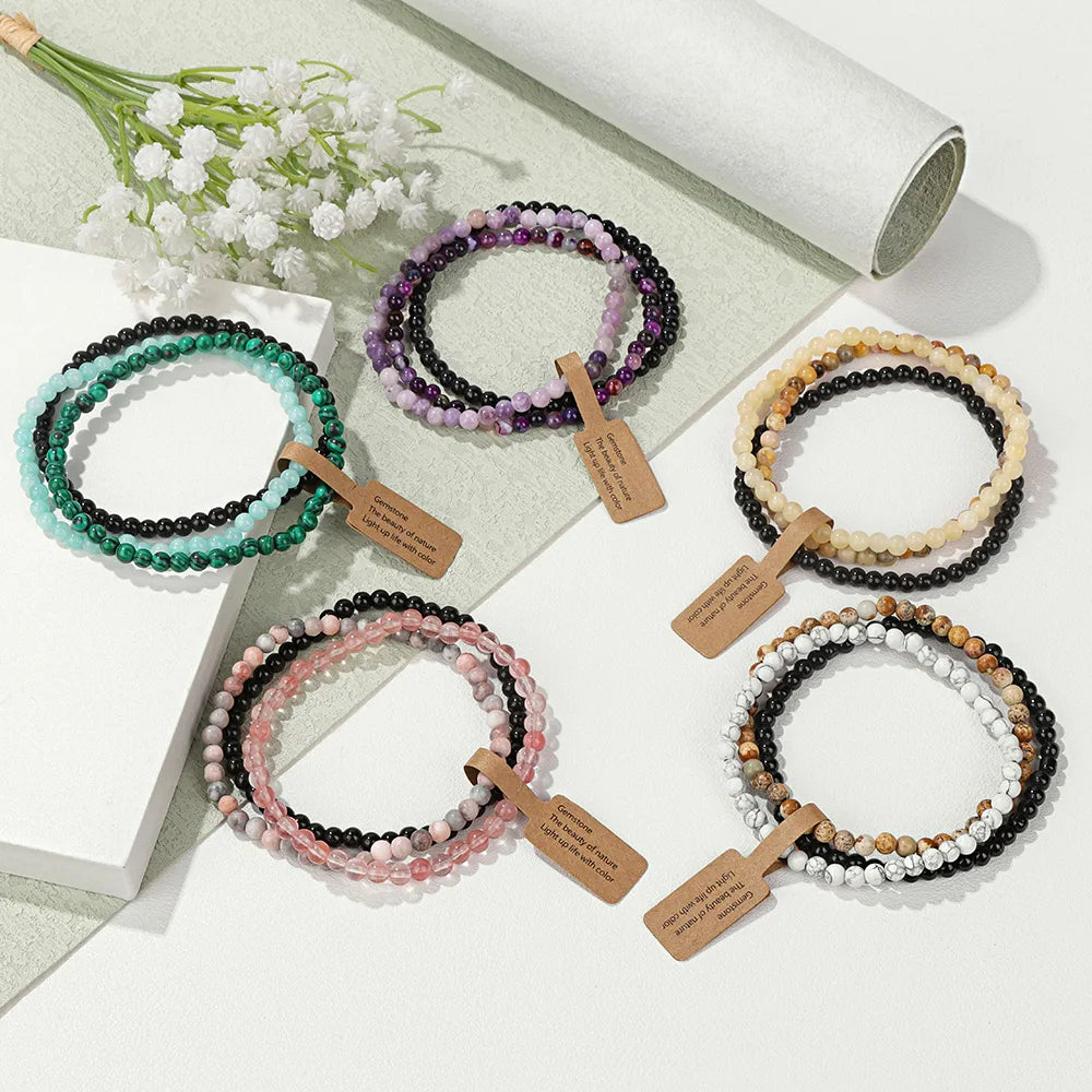 Olivenorma 3Pcs 4mm Natural Stone Beaded Bracelet Set - image 0