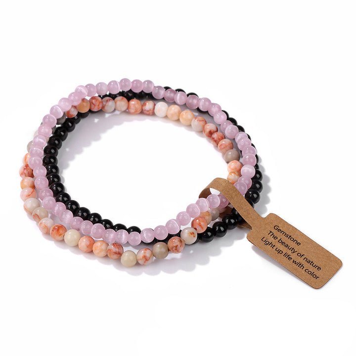 Olivenorma 3Pcs 4mm Natural Stone Beaded Bracelet Set - Black Onyx&Rhodochrosite&Pink Cat's Eye Stone - image 42