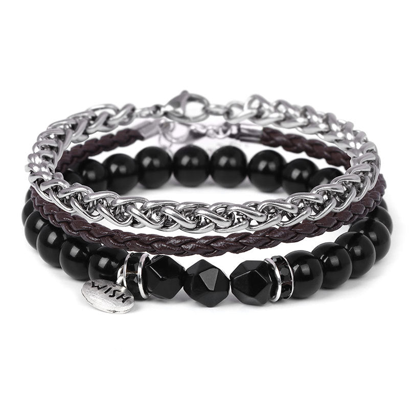 Olivenorma 3pcs Metal Bead Braided Leather Bracelet Set - Black Onyx - image 4