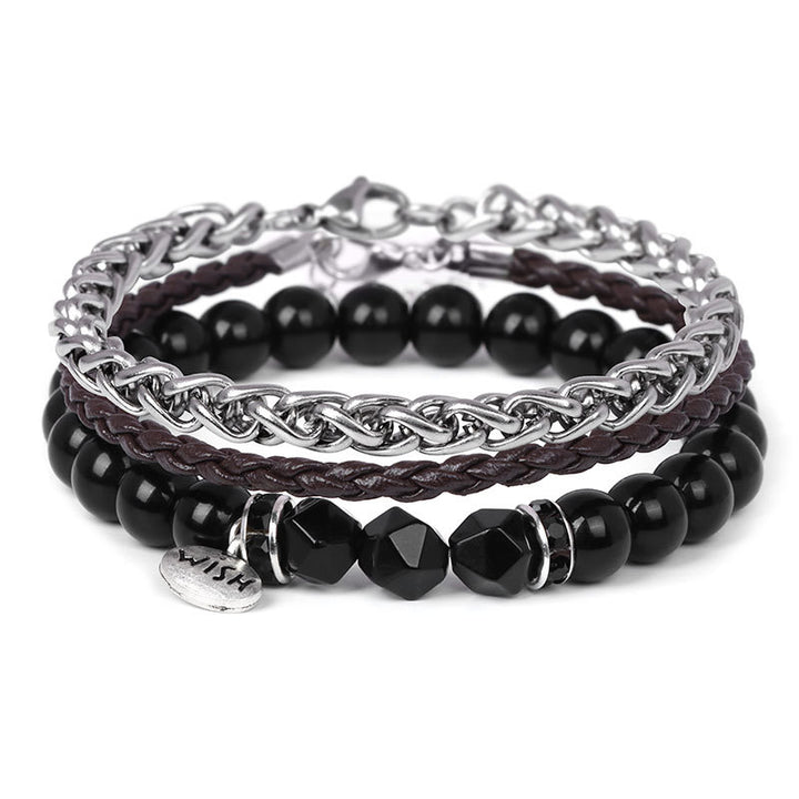 Olivenorma 3pcs Metal Bead Braided Leather Bracelet Set - Black Onyx - image 4