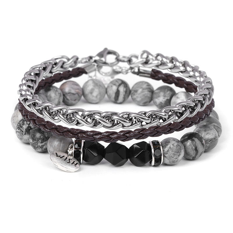 Olivenorma 3pcs Metal Bead Braided Leather Bracelet Set - Black Onyx&Grey Jasper - image 6
