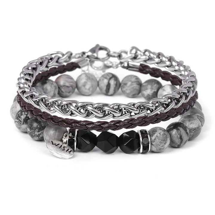 Olivenorma 3pcs Metal Bead Braided Leather Bracelet Set - Black Onyx&Grey Jasper - image 6