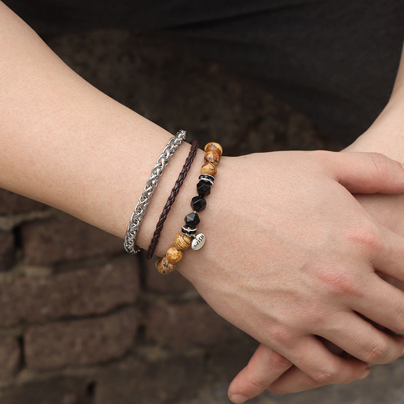 Olivenorma 3pcs Metal Bead Braided Leather Bracelet Set - image 1