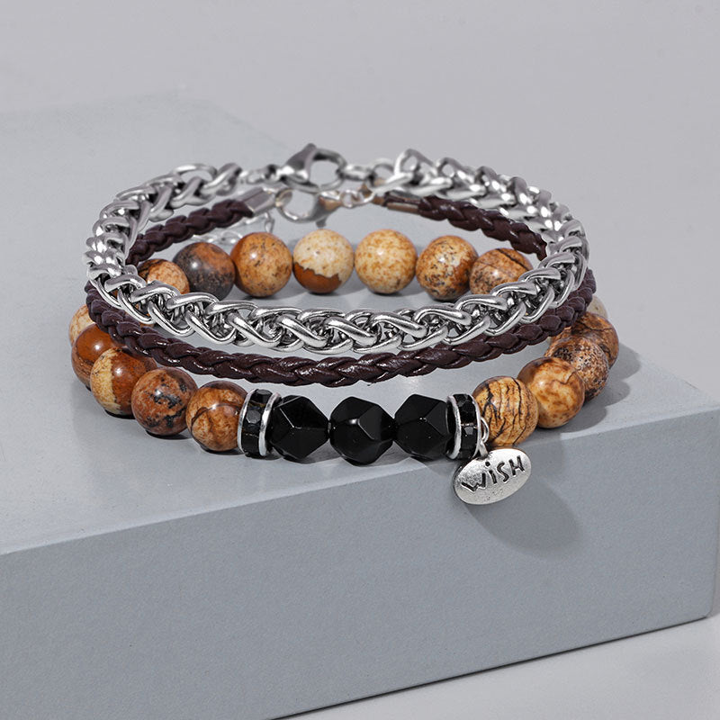 Olivenorma 3pcs Metal Bead Braided Leather Bracelet Set - Black Onyx&Picture Jasper - image 0
