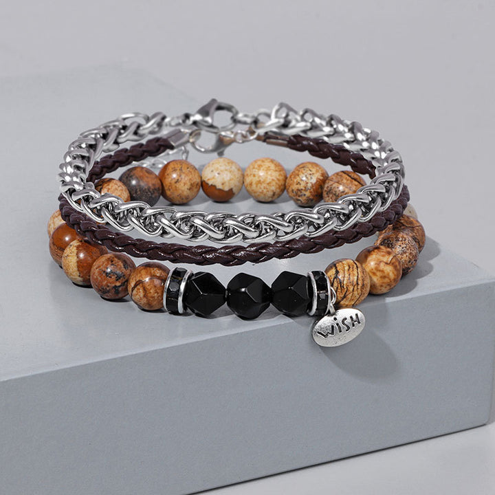 Olivenorma 3pcs Metal Bead Braided Leather Bracelet Set - Black Onyx&Picture Jasper - image 0