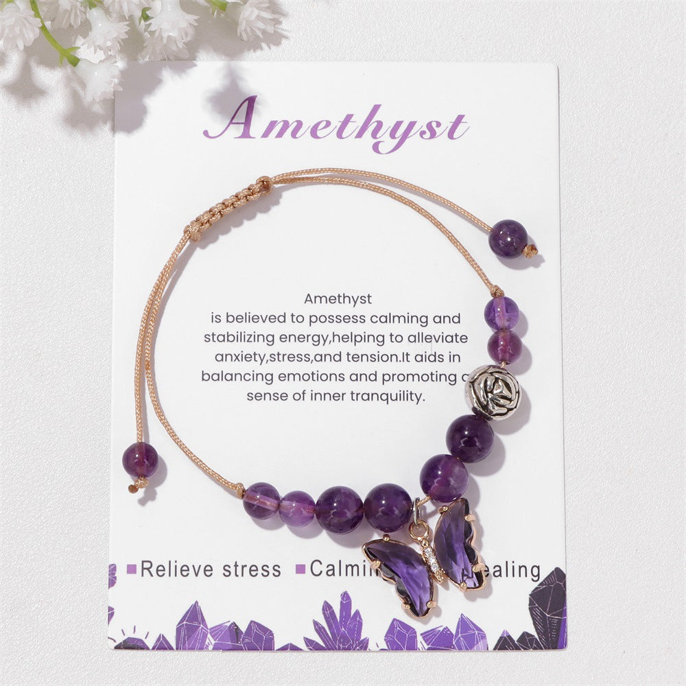 Olivenorma Natural Stone Beaded Butterfly Pendant Drawstring Bracelet - Amethyst - image 0