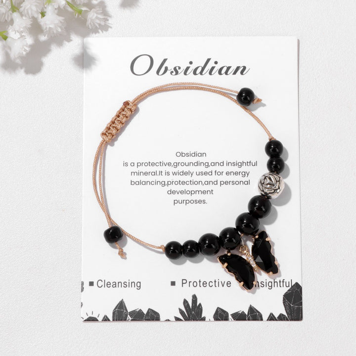 Olivenorma Natural Stone Beaded Butterfly Pendant Drawstring Bracelet - Obsidian - image 7