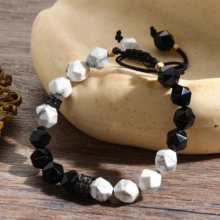 Olivenorma Natural Energy Stone Diamond-Shaped Faceted Adjustable Bracelet - Obsidian&White Turquoise - image 0