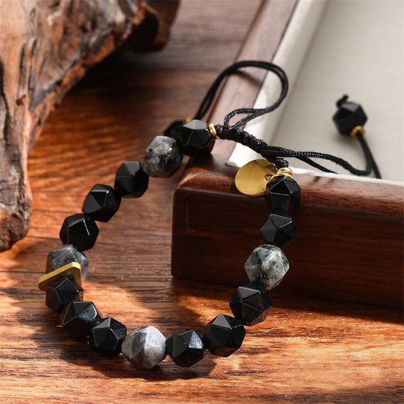 Olivenorma Natural Energy Stone Diamond-Shaped Faceted Adjustable Bracelet - Obsidian&Labradorite - image 9