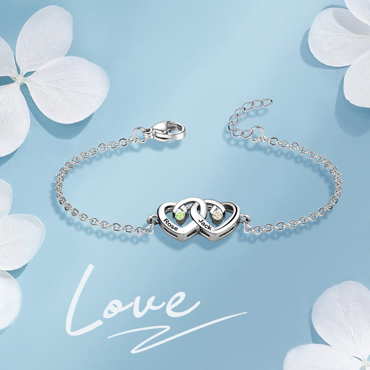Olivenorma Double Diamond Heart Engraved Birthstone Bracelet - Silver - 2 Birthstones - image 0