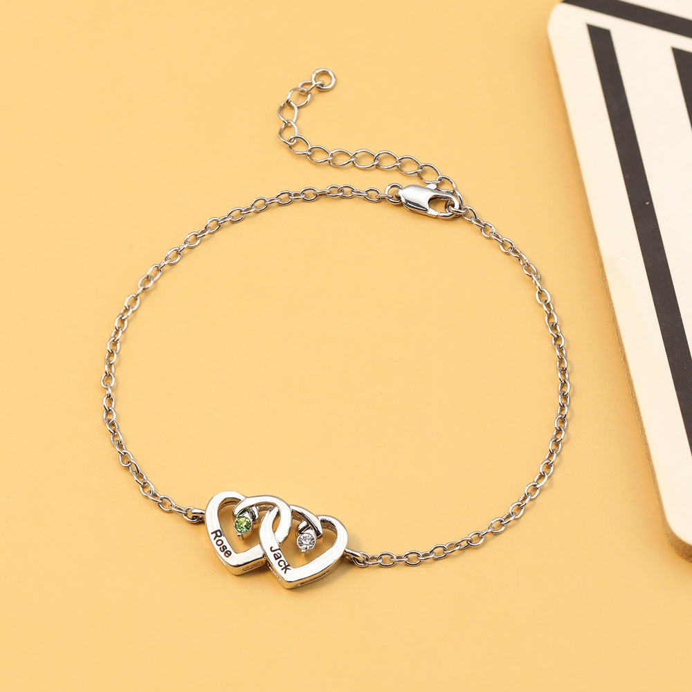 Olivenorma Double Diamond Heart Engraved Birthstone Bracelet - image 3