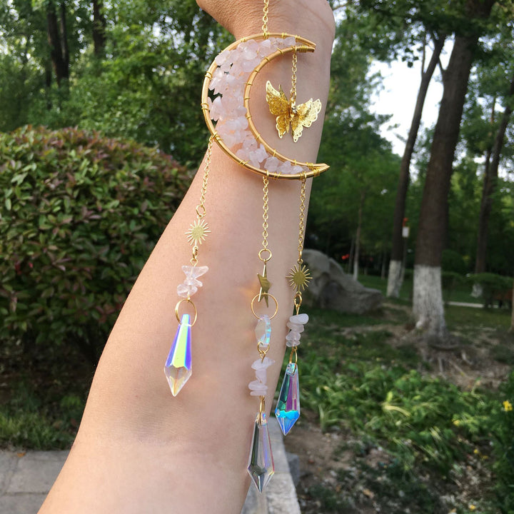 Olivenorma Natural Crystal Gravel Moon Butterfly Wind Chime - Rose Quartz - image 0