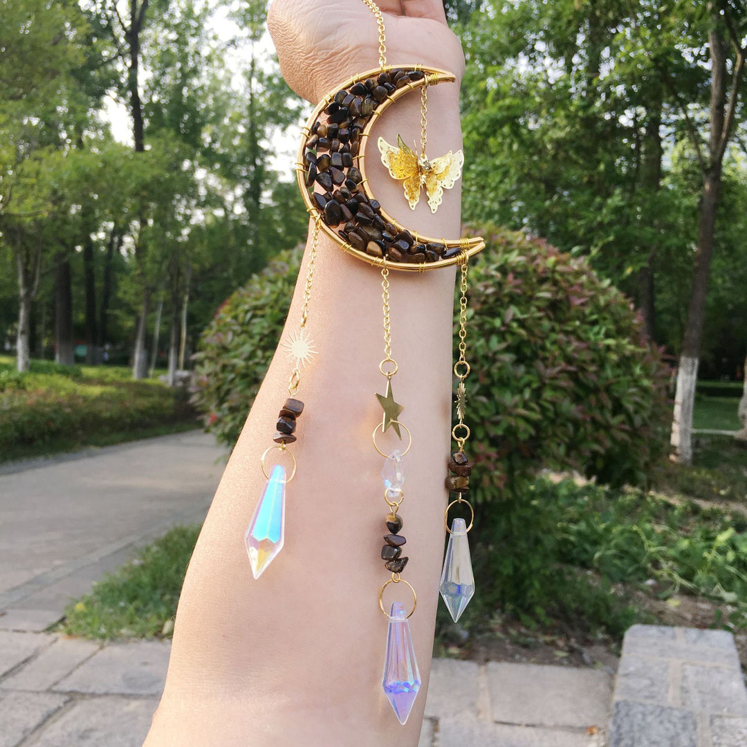 Olivenorma Natural Crystal Gravel Moon Butterfly Wind Chime - Tiger Eye - image 3