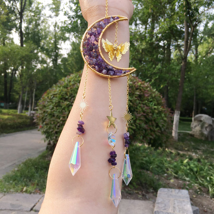 Olivenorma Natural Crystal Gravel Moon Butterfly Wind Chime - Amethyst - image 6
