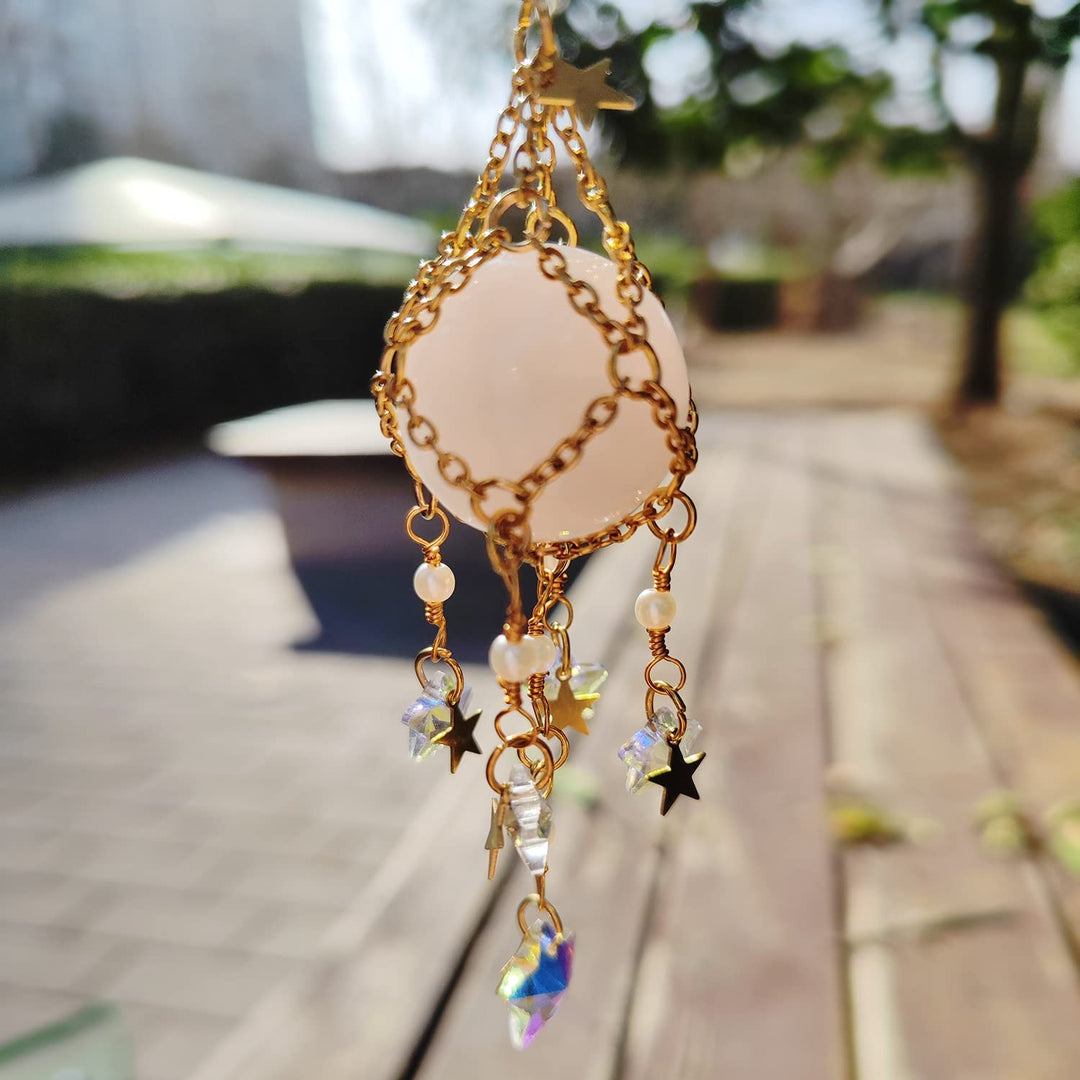 Olivenorma Natural Crystal Original Stone Hanging Pendant Wind Chime - Rose Quartz - Golden - image 13