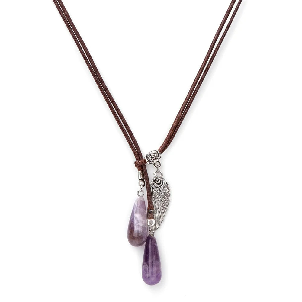 Olivenorma Leather Rope Wings Natural Stone Drop Pendant Necklace - Amethyst - image 1