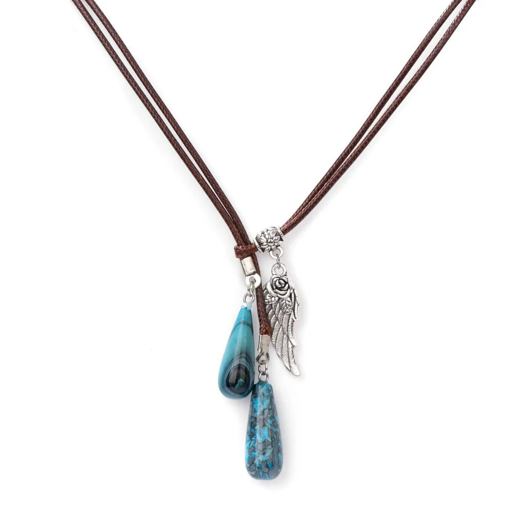 Olivenorma Leather Rope Wings Natural Stone Drop Pendant Necklace - Blue Apatite - image 8