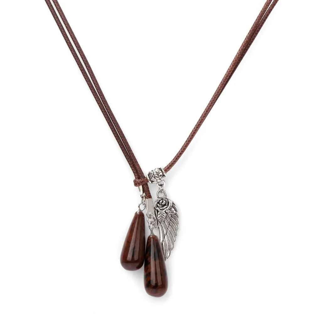 Olivenorma Leather Rope Wings Natural Stone Drop Pendant Necklace - Mahogany Obsidian - image 12