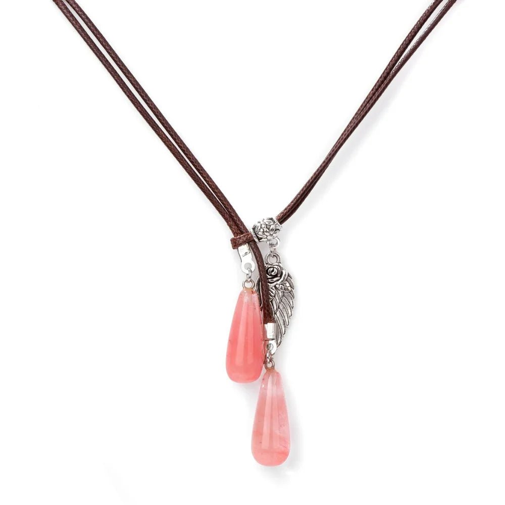 Olivenorma Leather Rope Wings Natural Stone Drop Pendant Necklace - Red Smelting Quartz - image 16