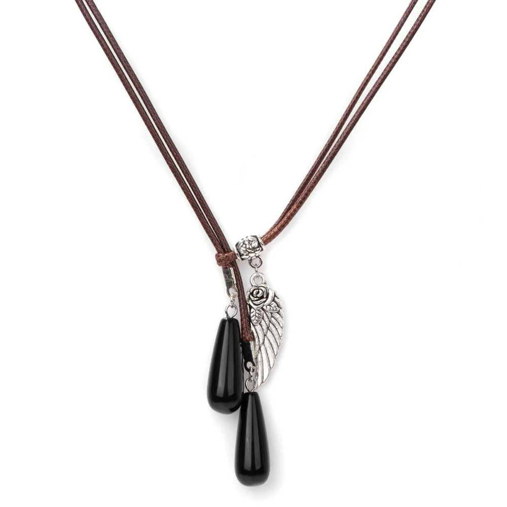 Olivenorma Leather Rope Wings Natural Stone Drop Pendant Necklace - Obsidian - image 14