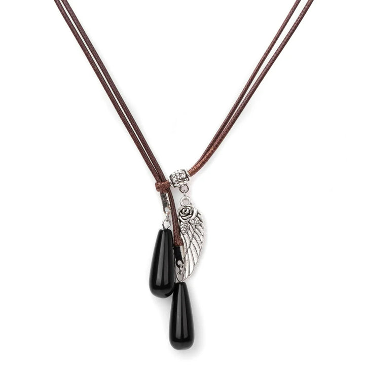 Olivenorma Leather Rope Wings Natural Stone Drop Pendant Necklace - Obsidian - image 14