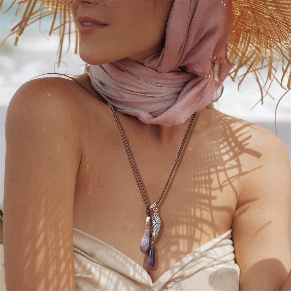 Olivenorma Leather Rope Wings Natural Stone Drop Pendant Necklace - image 2